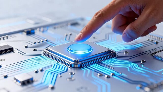 Hand pressing glowing button on circuit board