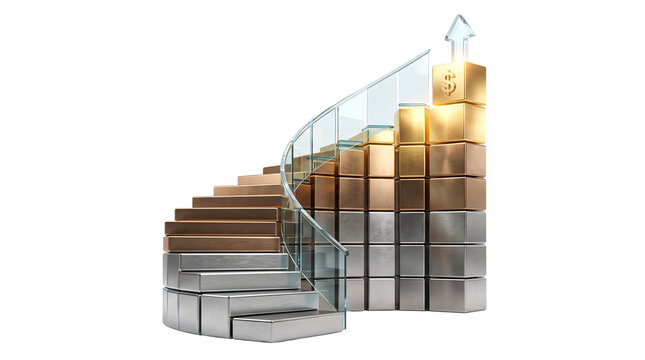 Golden spiral staircase with rising bar chart, financial growth concept with metallic blocks and arrow, business success and career ladder on white background