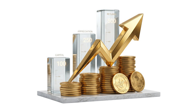 Golden arrow rising over stacks of gold coins and glass bar charts, financial growth and investment success concept, 3d render of wealth accumulation