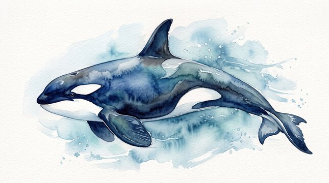 Hand Painted Orca Killer Whale Watercolor Illustration Isolated on White Background Marine Wildlife Art