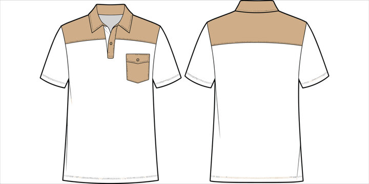 Front and back view of a white polo shirt with tan yoke and pocket Keywords: polo shirt, t-shirt, short sleeve, collared shirt