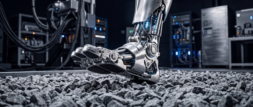 Bipedal humanoid robot foot stepping on grey gravel surface in laboratory environment showing detailed mechanical joints and metallic construction