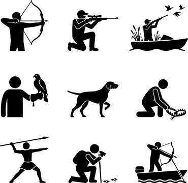 Stick figures hunting with bow arrow rifle spear during outdoor activities with wildlife and dog