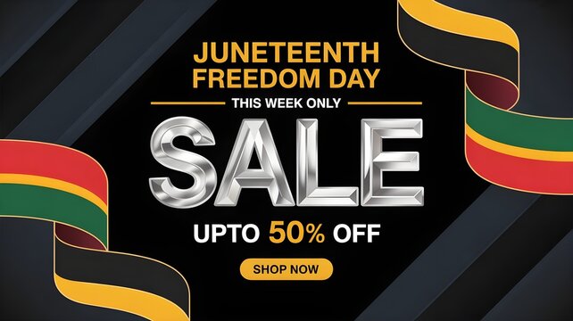 Juneteenth freedom day sale banner design with 50 percent discount offer, metallic silver text on black background with red, black, green, and yellow ribbons