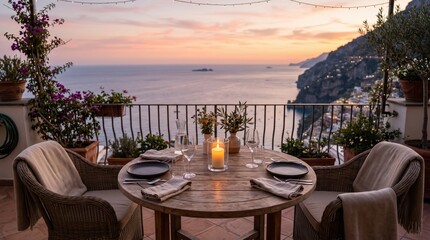 Obraz premium Cozy outdoor dining table on coastal balcony at sunset with candle centerpiece, wicker chairs and panoramic sea view creating intimate evening atmosphere for relaxed meal