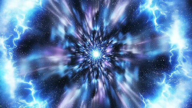 Bright blue cosmic explosion with electric energy and glowing particles in deep space