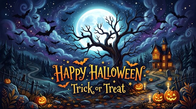 Halloween celebration with glowing jack-o'-lanterns and full moon. 
