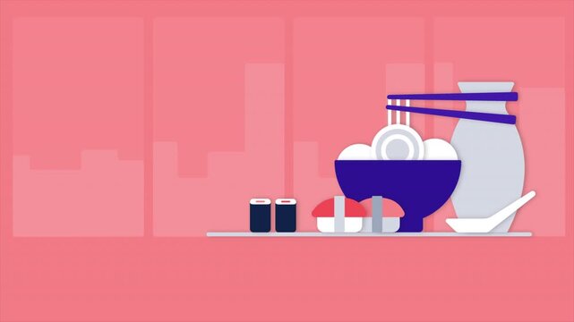 Minimalist flat illustration of Japanese ramen noodle bowl with chopsticks and sake bottle.