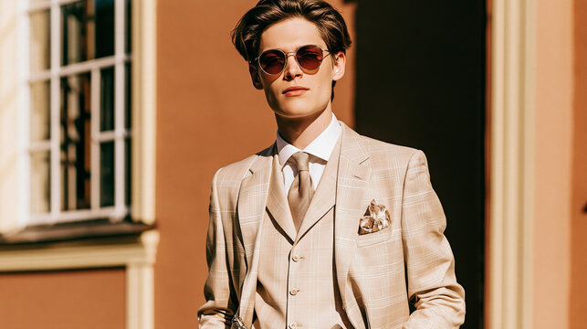 Stylish young man in beige suit and sunglasses posing for fashion portrait in urban setting