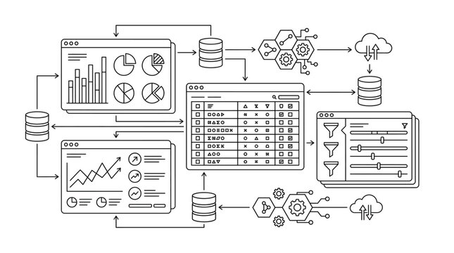 Data analytics dashboard flow chart. Business intelligence process and database structure.