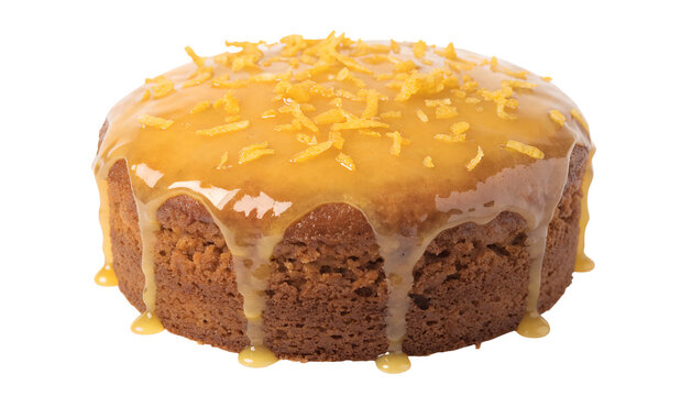 Fresh lemon drizzle cake with glossy citrus icing, lemon zest garnish, moist golden sponge, isolated on transparent background