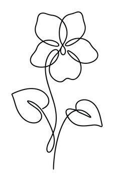 Minimalist continuous line drawing of a violet flower with two leaves