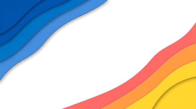 Abstract background with colorful paper cut layers in blue and warm rainbow tones with white copy space