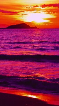 Surreal pop art ocean sunset with vibrant purple waves and orange sun glint, concept of retro futurism, fantasy landscape and fluid movement