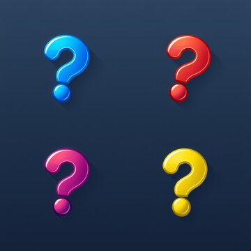 Colorful question marks in blue red pink and yellow on a dark blue background displayed in a grid