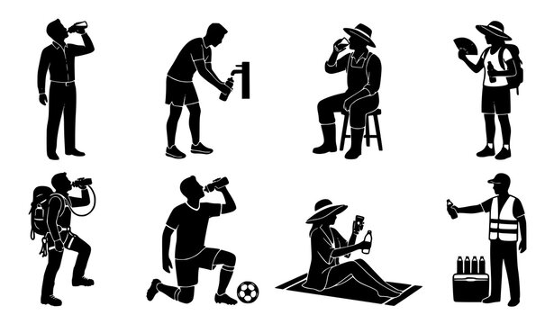 Silhouettes showing heat stress prevention with people drinking water, resting, using fan and worker hydration break scenes