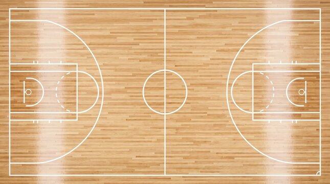 Overhead view of a polished wooden basketball court floor