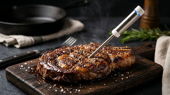 Juicy grilled ribeye steak with meat thermometer on a wooden cutting board