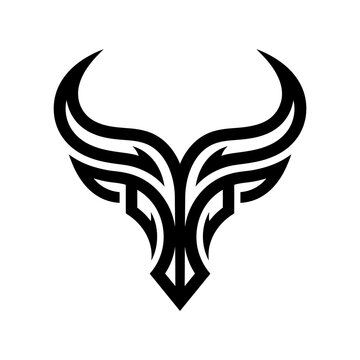 Minimalist tribal bull head logo with sharp horns.