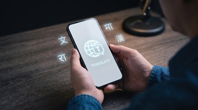 Hands holding smartphone displaying translation app interface with global language symbols, communication, learning foreign languages, international travel and cultural exchange.
