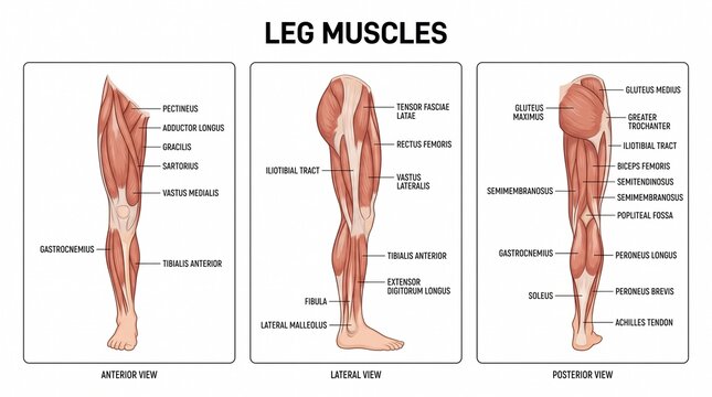 Detailed anatomy of human leg muscles in three views