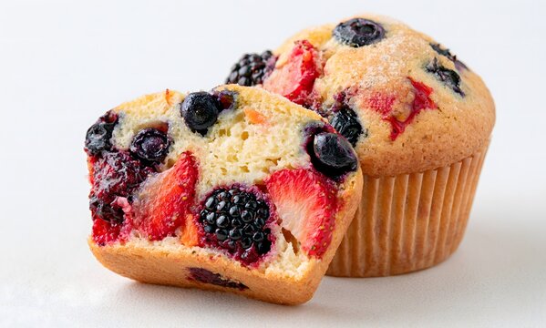 A vanilla muffin that was blueberries, strawberries, blackberries and carrots inside the batter and have it cut in half to show it in the inside