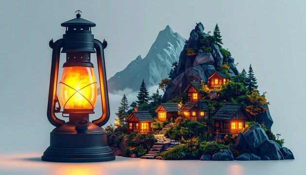 Enchanted Mountain Village with Glowing Lantern at Dusk.