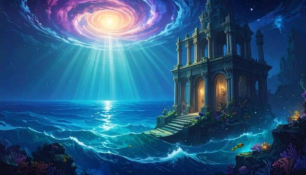 Mystical Temple Under Cosmic Spiral Galaxy Light.