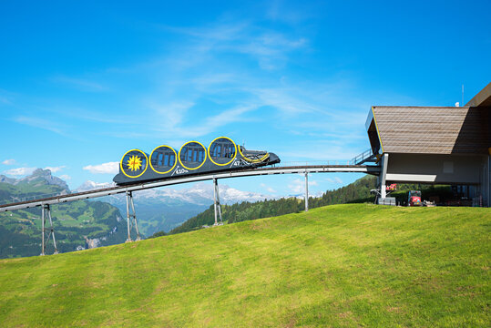 STOOS, SCHWYZ, Switzerland, Jun 13th, 2026 - Stoosbahn Schwyz, the steepest funicular railway, near the summit station.
