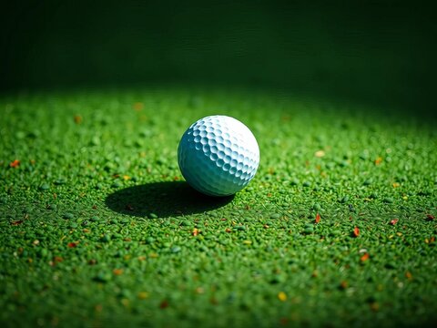 A golf ball on a dimpled green surface with subtle shadows, close-up, grass