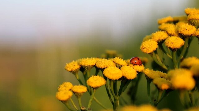 Small ladybug sitting on bright yellow tansy flowers during a sunny day. Macro close-up of insect and wildflowers in wild nature. Gentle, detailed, and peaceful summer atmosphere.