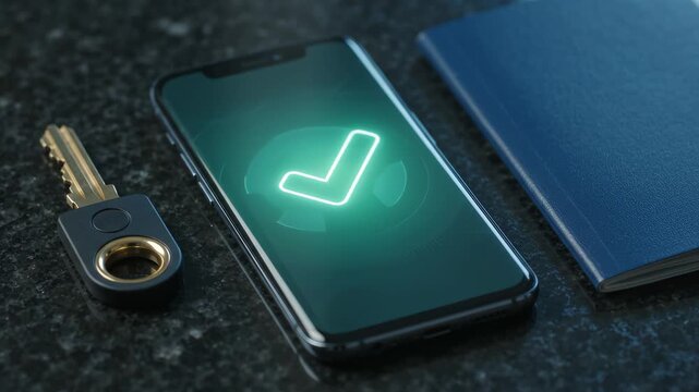 Smartphone displaying fingerprint biometric authentication with glowing checkmark, next to physical key and notebook on dark desk