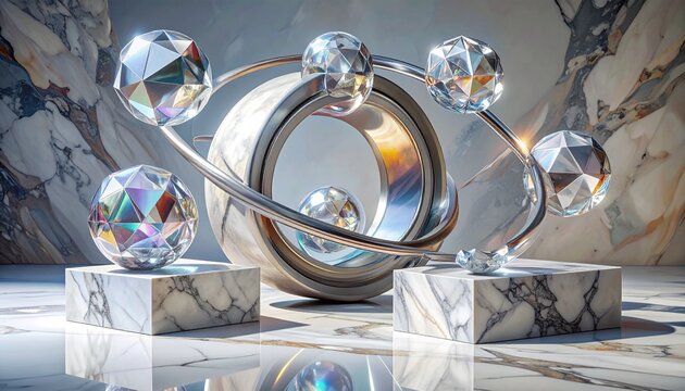 Futuristic Crystal Orbiting Ring on Marble Pedestal.