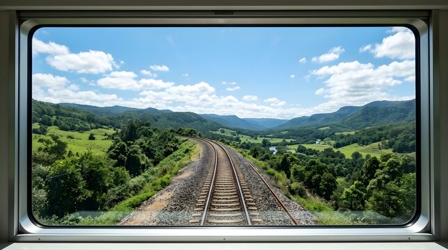 Scenic train window view of green mountains and railway tracks