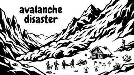 Fototapeta premium avalanche disaster elements featuring snow slides mountain peaks rescue beacons emergency teams warning flags alpine cabins snowmobiles and winter survival set for mountain safety emergency