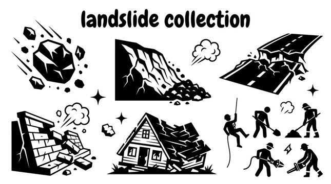 landslide disaster elements featuring falling rocks unstable hills collapsed roads damaged houses retaining walls emergency crews warning signs set for engineering safety education