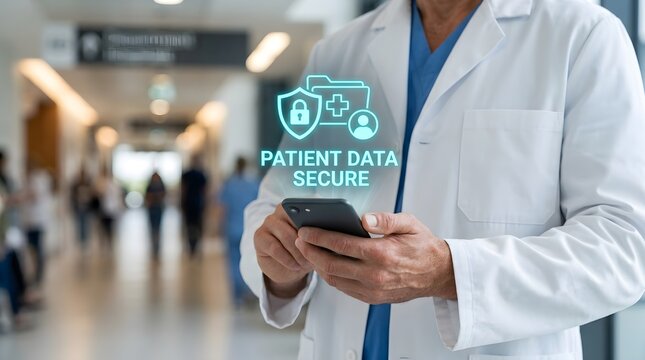Doctor holding smartphone with patient data secure holographic interface icon in hospital hallway