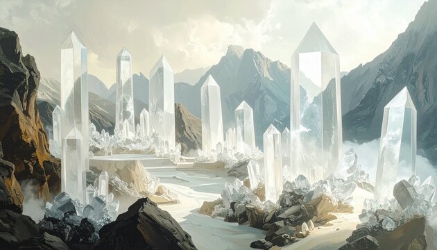Mystical Crystal City in Mountainous Fantasy Landscape.