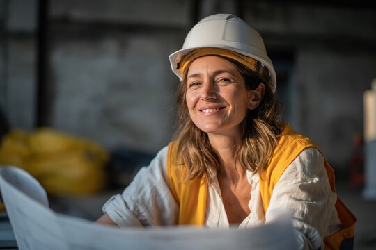 Female worker at construction site reviews blueprints during daylight hours, showcasing her role in building projects and teamwork