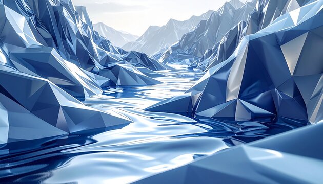 Low Poly Mountain River Valley Digital Artwork.