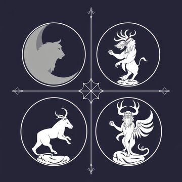 Four quadrants with mythical creatures in circles on a dark blue background with white line details