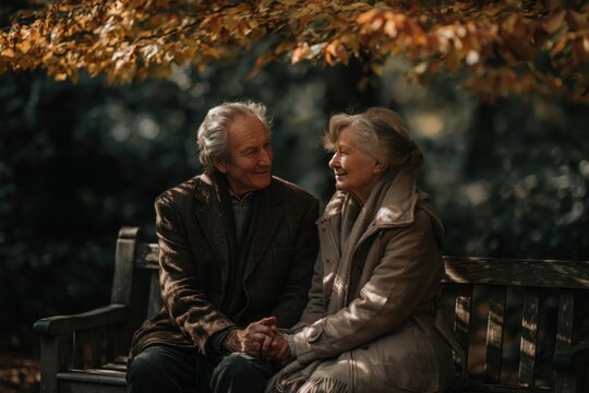 Elderly couple shares a tender moment sitting together on a bench under autumn leaves in a quiet park, enjoying each other&rsquo;s company during a sunny afternoon