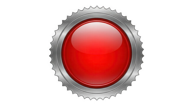Shiny red circular button with metallic silver gear border isolated on transparent background
