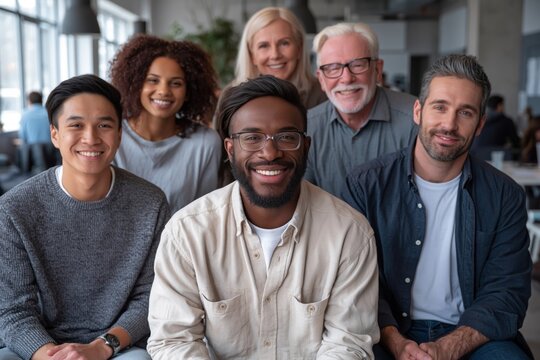 Team members of a startup office pose together in a workspace setting during the day, showcasing a mix of ages and backgrounds