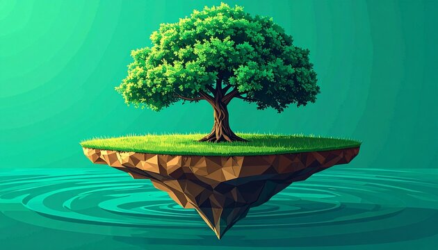 Floating island with a lush green tree on turquoise background.