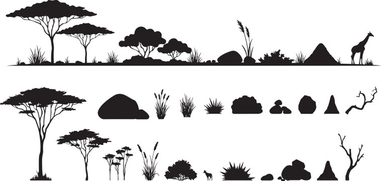 Savanna landscape silhouette set featuring acacia trees, grass, bushes, rocks and natural elements isolated on white background. silhouette vector illustration