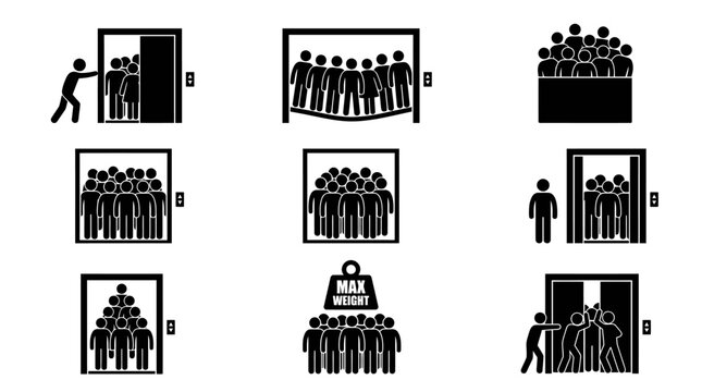 Overcrowded elevator and weight capacity stick figure icon set