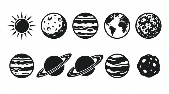 Create a premium solar system and celestial bodies icon collection featuring 10 modern minimalist space icons in a clean flat vector silhouette style. Design each icon using bold solid black fills, sm