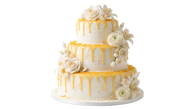 Elegant three-tier white wedding cake decorated with delicate sugar flowers and fine icing details, luxurious design, isolated on transparent background