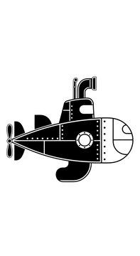 Black and white illustration of a stylized submarine with a propeller and periscope